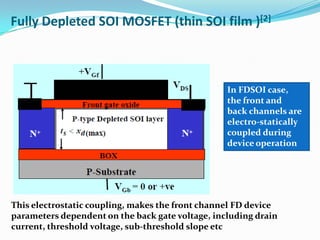 Fully Depleted SOI MOSFET (thin SOI film )[2]
This electrostatic coupling, makes the front channel FD device
parameters dependent on the back gate voltage, including drain
current, threshold voltage, sub-threshold slope etc
In FDSOI case,
the front and
back channels are
electro-statically
coupled during
device operation
 