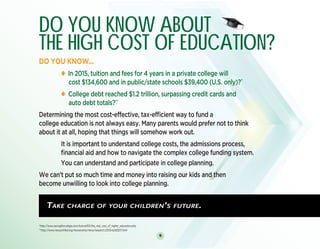 9
DO YOU KNOW ABOUT
THE HIGH COST OF EDUCATION?
DO YOU KNOW...
	       u In 2015, tuition and fees for 4 years in a private college will
	 cost $134,600 and in public/state schools $39,400 (U.S. only)?*
	       u College debt reached $1.2 trillion, surpassing credit cards and
	 auto debt totals?**
Determining the most cost-effective, tax-efficient way to fund a
college education is not always easy. Many parents would prefer not to think
about it at all, hoping that things will somehow work out.
	 It is important to understand college costs, the admissions process,
	 financial aid and how to navigate the complex college funding system.
	 You can understand and participate in college planning.
We can’t put so much time and money into raising our kids and then
become unwilling to look into college planning.
DO YOU KNOW ABOUT
THE HIGH COST OF EDUCATION?
DO YOU KNOW...
	       u In 2015, tuition and fees for 4 years in a private college will
	 cost $134,600 and in public/state schools $39,400 (U.S. only)?*
	       u College debt reached $1.2 trillion, surpassing credit cards and
	 auto debt totals?**
Determining the most cost-effective, tax-efficient way to fund a
college education is not always easy. Many parents would prefer not to think
about it at all, hoping that things will somehow work out.
	 It is important to understand college costs, the admissions process,
	 financial aid and how to navigate the complex college funding system.
	 You can understand and participate in college planning.
We can’t put so much time and money into raising our kids and then
become unwilling to look into college planning.
Take charge of your children’s future.
*http://www.savingforcollege.com/tutorial101/the_real_cost_of_higher_education.php
**http://www.newyorkfed.org/newsevents/news/research/2015/rp150217.html
 