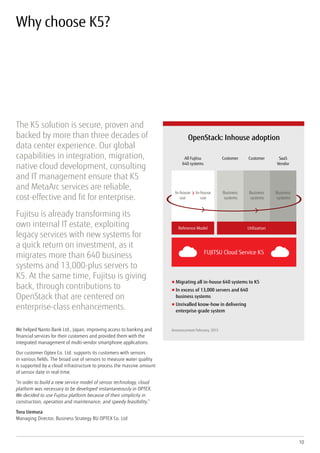 10
Why choose K5?
The K5 solution is secure, proven and
backed by more than three decades of
data center experience. Our global
capabilities in integration, migration,
native cloud development, consulting
and IT management ensure that K5
and MetaArc services are reliable,
cost-effective and fit for enterprise.
Fujitsu is already transforming its
own internal IT estate, exploiting
legacy services with new systems for
a quick return on investment, as it
migrates more than 640 business
systems and 13,000-plus servers to
K5. At the same time, Fujitsu is giving
back, through contributions to
OpenStack that are centered on
enterprise-class enhancements.
We helped Nanto Bank Ltd., Japan, improving access to banking and
financial services for their customers and provided them with the
integrated management of multi-vendor smartphone applications.
Our customer Optex Co. Ltd. supports its customers with sensors
in various fields. The broad use of sensors to measure water quality
is supported by a cloud infrastructure to process the massive amount
of sensor date in real-time.
“In order to build a new service model of sensor technology, cloud
platform was necessary to be developed instantaneously in OPTEX.
We decided to use Fujitsu platform because of their simplicity in
construction, operation and maintenance, and speedy feasibility.”
Toru Uemura
Managing Director, Business Strategy BU OPTEX Co. Ltd
Announcement February, 2015
All Fujitsu
640 systems
Customer Customer SaaS
Vendor
■ Migrating all in-house 640 systems to K5
■ In excess of 13,000 servers and 640
business systems
■ Unrivalled know-how in delivering
enterprise grade system
OpenStack: Inhouse adoption
Reference Model Utilization
FUJITSU Cloud Service K5
In-house
use
In-house
use
Business
systems
Business
systems
Business
systems
 