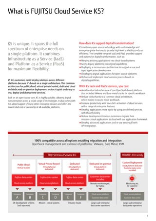 What is FUJITSU Cloud Service K5?
4
K5 is unique. It spans the full
spectrum of enterprise needs on
a single platform. It combines
Infrastructure as a Service (IaaS)
and Platform as a Service (PaaS)
for maximum flexibility.
K5 lets customers easily deploy solutions across different
platforms because it’s based on a single architecture. This common
architecture for public cloud, virtual private hosted, dedicated cloud
and dedicated on-premise deployments makes it quick and easy to
test, deploy and change new services.
Built on an open-source core, K5 is highly scalable, allowing digital
transformation across a broad range of technologies. It also comes with
the added support of many other innovative services and offers the
lowest total cost of ownership of all available platforms.
How does K5 support digital transformation?
K5 combines open source technology with our knowledge and
enterprise-grade features to provide high-level scalability and cost
efficiency. The complete range of IaaS and PaaS provides support
and options for digital transformation, such as:
■ 	Merging existing applications into cloud-based systems
■ 	Giving legacy platforms new digital capabilities
■ 	Deploying a microservices architecture to support re-use and
rapid application development
■ 	Developing digital applications for open-source platforms
■ 	Define and Implement new business process based on
	 digital capabilities.
With K5 IaaS and PaaS services, you can:
■ 	Avoid vendor lock-in because it’s an OpenStack-based platform
that includes VMware and bare metal stacks for specific workloads
■ 	Reduce costs thanks to a common cloud architecture,
which makes it easy to move workloads
■ 	Increase productivity with ‘one-click’ activation of cloud services
with a range of enterprise features
■ 	Develop applications more easily by using pre-defined services
with Cloud Foundry
■ 	Reduce development times as customers migrate their
mission-critical applications to cloud with our application framework
■ 	Develop advanced applications and re-use existing IT with
API integration.
Fujitsu data center Fujitsu data center Fujitsu data center Customer data center
installed
Public Cloud
(Virtual Shared)
Virtual Private hosted
(Virtual/physical
dedicated)
Dedicated
(Cloud platform
dedicated)
Custom Deployment
Cloud platform dedicated
(Customer data center
installed)
Dedicated on-premise
(Cloud platform
dedicated)
FUJITSU Cloud Service K5 PRIMEFLEX Family
Cloud service platform
Company
A
Company
B
Company
C
Company
D
Company
E
Company
F
Cloud service platform Cloud service platform
Customer data center Customer data center
EX: Development systems
SaaS operators
Mission - critical systems Industry clouds Large-scale enterprise
data center operations
Large-scale enterprise
data center operations
Cloud service platform Cloud service platform Remote monitoring etc.
by Fujitsu
Monitoring etc.
by customer
100% compatible across all options enabling migration and integration
OpenStack management and a choice of platforms: VMware, Bare Metal, KVM
 