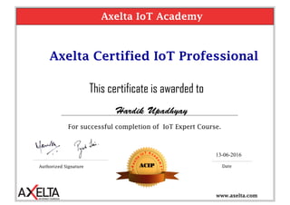 This certificate is awarded to
For successful completion of IoT Expert Course.
Axelta Certified IoT Professional
Authorized Signature DateACIP
Axelta IoT Academy
www.axelta.com
13-06-2016
 