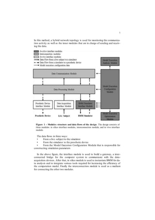 3
In this method, a hybrid network topology is used for monitoring the communica-
tion activity as well as the inner modules that are in charge of sending and receiv-
ing the data.
The data flows in three ways:
• From a live subject to the simulator
• From the simulator to the prosthetic device
• From the Model Execution Configuration Module that is responsible for
constructing simulation parameters
In the above figure, the interface module is used to build a gateway, a inter-
connected bridge for the computer system to communicate with the data-
acquisition devices. After that, in silico module is used to instantiate BMM for da-
ta analysis and to integrate various tools required for increasing the efficiency of
the computation model. Finally the interconnection module is used as a medium
for connecting the other two modules.
Figure 1 - Modules structure and data flows of the design. The design consists of
three modules: in silico interface modules, interconnection module, and in vivo interface
module.
 