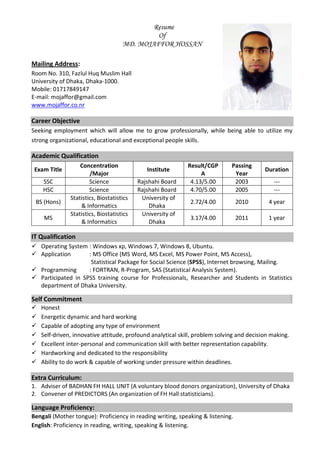 Resume
Of
MD. MOJAFFOR HOSSAN
Mailing Address:
Room No. 310, Fazlul Huq Muslim Hall
University of Dhaka, Dhaka-1000.
Mobile: 01717849147
E-mail: mojaffor@gmail.com
www.mojaffor.co.nr
Career Objective
Seeking employment which will allow me to grow professionally, while being able to utilize my
strong organizational, educational and exceptional people skills.
Academic Qualification
Exam Title
Concentration
/Major
Institute
Result/CGP
A
Passing
Year
Duration
SSC Science Rajshahi Board 4.13/5.00 2003 ---
HSC Science Rajshahi Board 4.70/5.00 2005 ---
BS (Hons)
Statistics, Biostatistics
& Informatics
University of
Dhaka
2.72/4.00 2010 4 year
MS
Statistics, Biostatistics
& Informatics
University of
Dhaka
3.17/4.00 2011 1 year
IT Qualification
 Operating System : Windows xp, Windows 7, Windows 8, Ubuntu.
 Application : MS Office (MS Word, MS Excel, MS Power Point, MS Access),
Statistical Package for Social Science (SPSS), Internet browsing, Mailing.
 Programming : FORTRAN, R-Program, SAS (Statistical Analysis System).
 Participated in SPSS training course for Professionals, Researcher and Students in Statistics
department of Dhaka University.
Self Commitment
 Honest
 Energetic dynamic and hard working
 Capable of adopting any type of environment
 Self-driven, innovative attitude, profound analytical skill, problem solving and decision making.
 Excellent inter-personal and communication skill with better representation capability.
 Hardworking and dedicated to the responsibility
 Ability to do work & capable of working under pressure within deadlines.
Extra Curriculum:
1. Adviser of BADHAN FH HALL UNIT (A voluntary blood donors organization), University of Dhaka
2. Convener of PREDICTORS (An organization of FH Hall statisticians).
Language Proficiency:
Bengali (Mother tongue): Proficiency in reading writing, speaking & listening.
English: Proficiency in reading, writing, speaking & listening.
 
