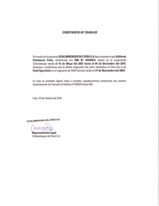 Certificado de Trabajo SLB Mayo 2001 hasta Diciembre 2015