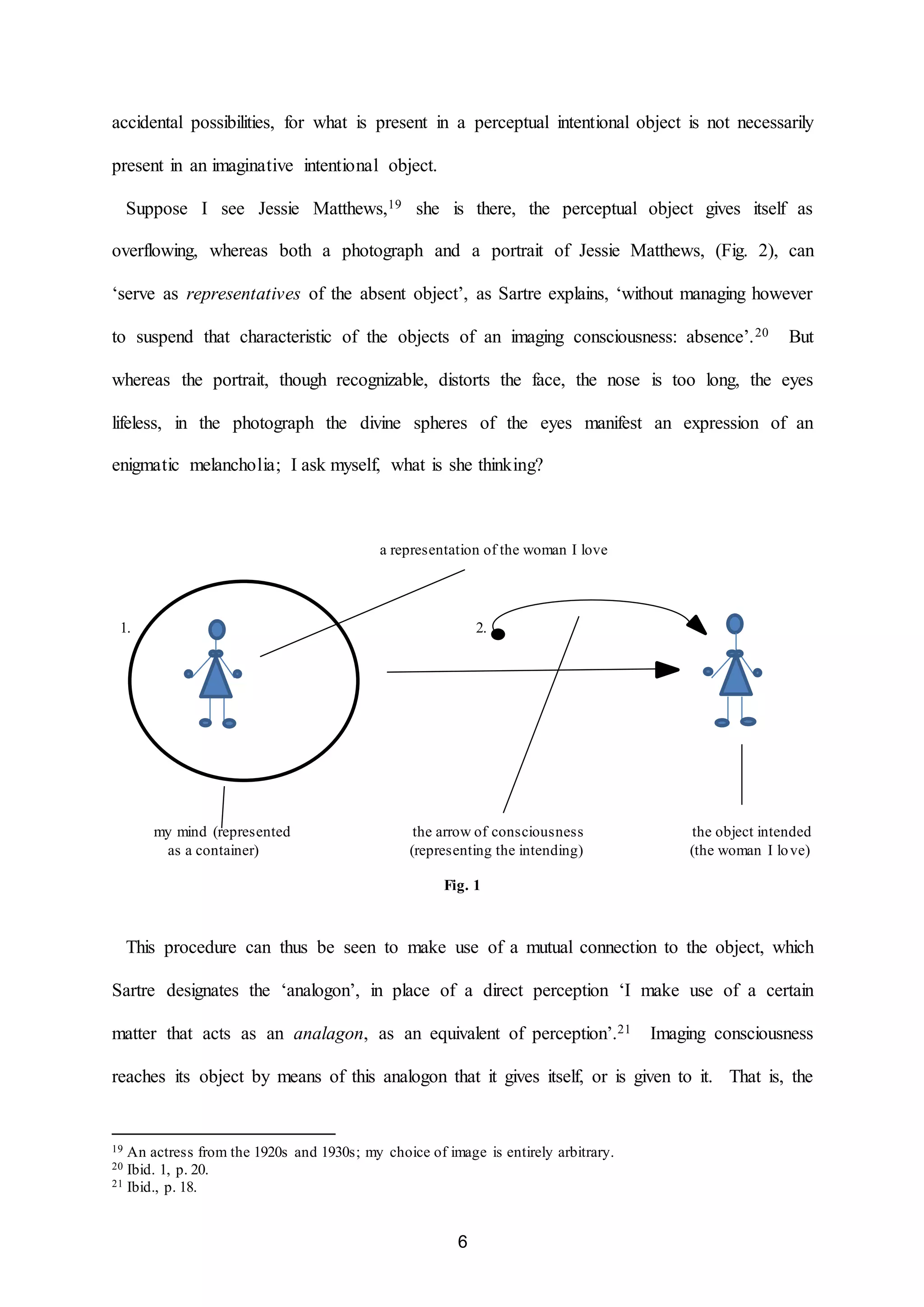 accidental possibilities, for what is present in a perceptual intentional object is not necessarily 
6 
present in an imaginative intentional object. 
Suppose I see Jessie Matthews,19 she is there, the perceptual object gives itself as 
overflowing, whereas both a photograph and a portrait of Jessie Matthews, (Fig. 2), can 
‘serve as representatives of the absent object’, as Sartre explains, ‘without managing however 
to suspend that characteristic of the objects of an imaging consciousness: absence’.20 But 
whereas the portrait, though recognizable, distorts the face, the nose is too long, the eyes 
lifeless, in the photograph the divine spheres of the eyes manifest an expression of an 
enigmatic melancholia; I ask myself, what is she thinking? 
a representation of the woman I love 
1. 2. 
my mind (represented the arrow of consciousness the object intended 
as a container) (representing the intending) (the woman I lo ve) 
Fig. 1 
This procedure can thus be seen to make use of a mutual connection to the object, which 
Sartre designates the ‘analogon’, in place of a direct perception ‘I make use of a certain 
matter that acts as an analagon, as an equivalent of perception’.21 Imaging consciousness 
reaches its object by means of this analogon that it gives itself, or is given to it. That is, the 
19 An actress from the 1920s and 1930s; my choice of image is entirely arbitrary. 
20 Ibid. 1, p. 20. 
21 Ibid., p. 18. 
 