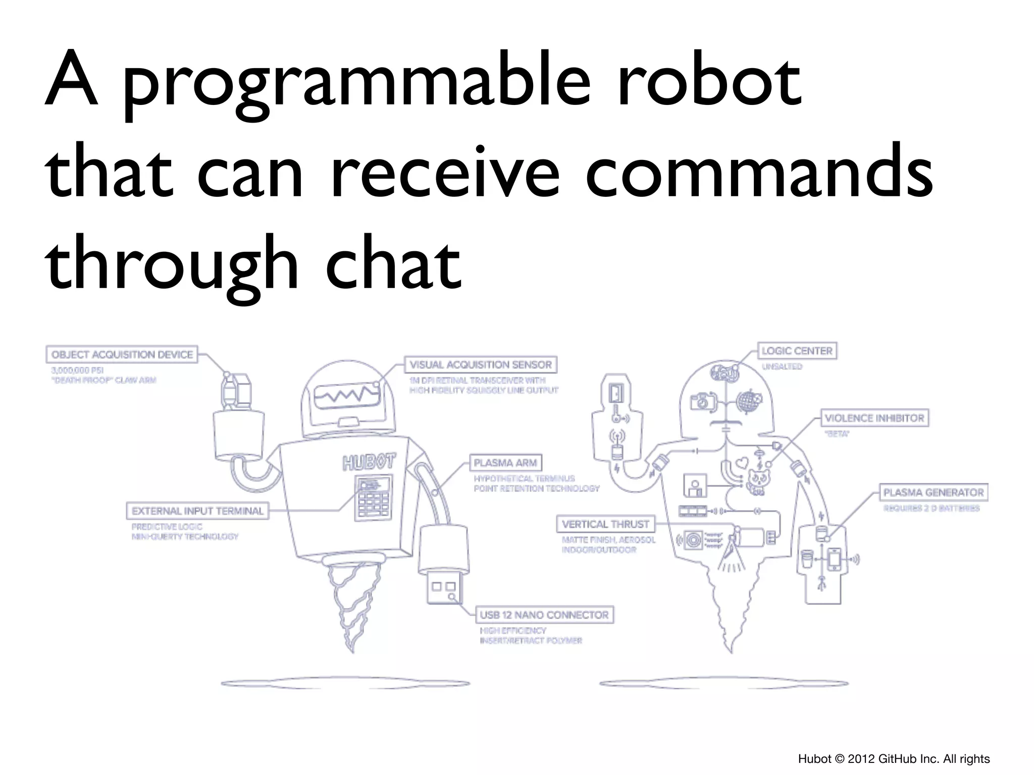 Hubot © 2012 GitHub Inc. All rights
A programmable robot
that can receive commands
through chat
 