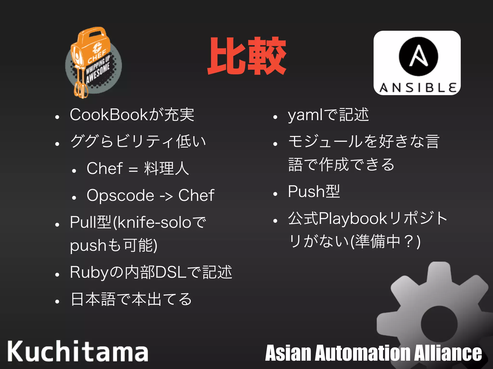 Asian Automation Alliance
比較
• CookBookが充実
• ググらビリティ低い
• Chef = 料理人
• Opscode -> Chef
• Pull型(knife-soloで
pushも可能)
• Rubyの内部DSLで記述
• 日本語で本出てる
• yamlで記述
• モジュールを好きな言
語で作成できる
• Push型
• 公式Playbookリポジト
リがない(準備中？)
 