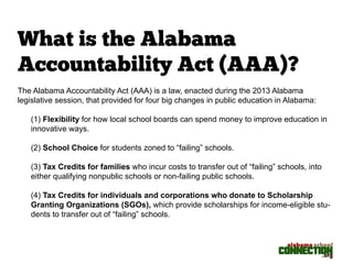 What is the Alabama 
Accountability Act (AAA)? 
The Alabama Accountability Act (AAA) is a law, enacted during the 2013 Alabama 
legislative session, that provided for four big changes in public education in Alabama: 
(1) Flexibility for how local school boards can spend money to improve education in 
innovative ways. 
(2) School Choice for students zoned to “failing” schools. 
(3) Tax Credits for families who incur costs to transfer out of “failing” schools, into 
either qualifying nonpublic schools or non-failing public schools. 
(4) Tax Credits for individuals and corporations who donate to Scholarship 
Granting Organizations (SGOs), which provide scholarships for income-eligible stu-dents 
to transfer out of “failing” schools. 
 
