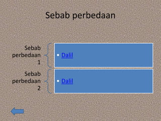 Sebab perbedaan
Sebab
perbedaan
1
• Dalil
Sebab
perbedaan
2
• Dalil
 