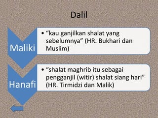 Dalil
Maliki
• “kau ganjilkan shalat yang
sebelumnya” (HR. Bukhari dan
Muslim)
Hanafi
• “shalat maghrib itu sebagai
pengganjil (witir) shalat siang hari”
(HR. Tirmidzi dan Malik)
 