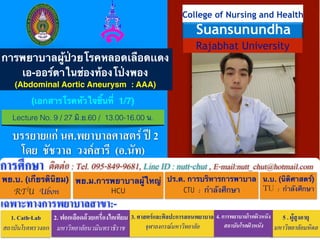 !
!
!
!
!
!
!
!!!
!
!
!
!
!
!
พย.บ. (เกียรตินิยม)!
RTU Ubon
พย.ม.การพยาบาลผู้ใหญ่!
HCU
ปร.ด. การบริหารการพาบาล!
CTU	 :	 กำลังศึกษา
ติดต่อ : Tel. 095-849-9681, Line ID : nutt-chut , E-mail:nutt_chut@hotmail.comการศึกษา
เฉพาะทางการพยาบาลสาขา:-
1. Cath-Lab
สถาบันโรคทรวงอก
2. ฟอกเลือดด้วยเครื่องไตเทียม
มหาวิทยาลัยนวมินทราธิราช
3. ศาสตร์และศิลปะการสอนพยาบาล
จุฬาลงกรณ์มหาวิทยาลัย
5 . ผู้สูงอายุ
มหาวิทยาลัยมหิดล
โดย ชัชวาล วงค์สารี (อ.นัท)
4. การพยาบาลโรคผิวหนัง
สถาบันโรคผิวหนัง
น.บ. (นิติศาสตร์)!
TU	 :	 กำลังศึกษา
!
Rajabhat University
College of Nursing and Health
Suansunundha
การพยาบาลผู้ป่วยโรคหลอดเลือดเเดง
เอ-ออร์ตาในช่องท้องโป่งพอง!
(Abdominal Aortic Aneurysm : AAA)
Lecture No. 9 / 27 มิ.ย.60 / 13.00-16.00 น.
บรรยายแก่ นศ.พยาบาลศาสตร์ ปี 2
(เอกสารโรคหัวใจชิ้นที่ 1/7)
 