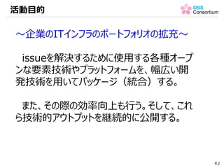 ～企業のITインフラのポートフォリオの拡充～
issueを解決するために使用する各種オープ
ンな要素技術やプラットフォームを、幅広い開
発技術を用いてパッケージ（統合）する。
また、その際の効率向上も行う。そして、これ
ら技術的アウトプットを継...