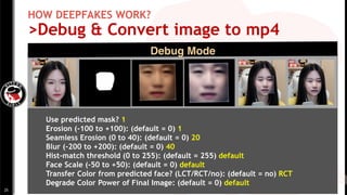 HOW DEEPFAKES WORK?
>Debug & Convert image to mp4
Debug Mode
Use predicted mask? 1
Erosion (-100 to +100): (default = 0) 1...