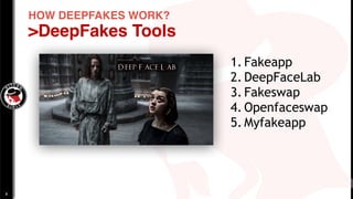 HOW DEEPFAKES WORK?
>DeepFakes Tools
1. Fakeapp
2. DeepFaceLab
3. Fakeswap
4. Openfaceswap
5. Myfakeapp
8
 