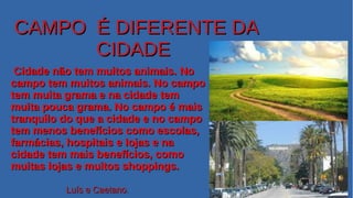CAMPO É DIFERENTE DACAMPO É DIFERENTE DA
CIDADECIDADE
Cidade não tem muitos animais.Cidade não tem muitos animais. NoNo
campo tem muitos animais. No campocampo tem muitos animais. No campo
tem muita grama e na cidade temtem muita grama e na cidade tem
muita pouca grama. No campo é maismuita pouca grama. No campo é mais
tranquilo do que a cidade e no campotranquilo do que a cidade e no campo
tem menos benefícios como escolas,tem menos benefícios como escolas,
farmácias, hospitais e lojas e nafarmácias, hospitais e lojas e na
cidade tem mais benefícios, comocidade tem mais benefícios, como
muitas lojas e muitos shoppings.muitas lojas e muitos shoppings.
Luís e CaetanoLuís e Caetano..
 