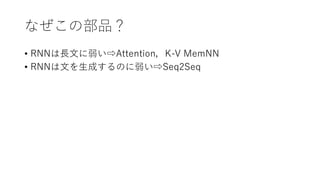 なぜこの部品？
• RNNは⻑⽂に弱い⇨Attention，K-V MemNN
• RNNは⽂を⽣成するのに弱い⇨Seq2Seq
 