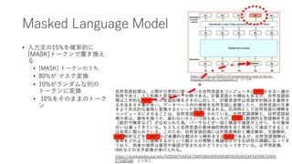 Masked Language Model
• ⼊⼒⽂の15%を確率的に
[MASK]トークンで置き換え
る
• [MASK] トークンのうち
• 80%が マスク変換
• 10%がランダムな別の
トークンに変換
• 10%をそのままのトーク
ン
https://ja.wikipedia.org/wiki/%E8%87%AA%E7%84%B6%E8%A8%80%E8%AA%9E%E5%87%A6%
E7%90%86 より加⼯
https://www.lyrn.ai/2018/11/07/explained-bert-state-of-the-art-
language-model-for-nlp/#appendix-A より引⽤
 