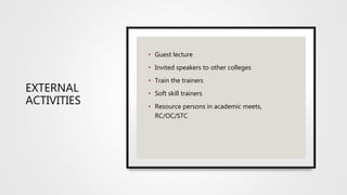 EXTERNAL
ACTIVITIES
• Guest lecture
• Invited speakers to other colleges
• Train the trainers
• Soft skill trainers
• Resource persons in academic meets,
RC/OC/STC
 