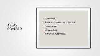 AREAS
COVERED
• Staff Profile
• Student Admission and Discipline
• Finance Aspects
• Infrastructure
• Institution Automation
 
