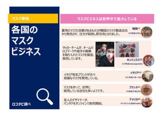 マスク事情
ロコタビ調べ
各国の
マスク
ビジネス
マスクビジネスは世界中で拡⼤している
韓国 🇰🇷
仁川在住ユラさん
フランス 🇫🇷
パリ在住パリねこさん
アメリカ 🇺🇸
ホンジュラス 🇭🇳
トコア在住mkawagishiさん
イタリア 🇮🇹
ミラノ在住いくきーとさん
アメリカ 🇺🇸
サンフランシスコ在住Tedさん
夏⽤のマスク(効果があるもの)が韓国のマスク製造会社
から発売され、注⽂が殺到し即完売となりました。
イタリア有名ブランドが次々
⾼価なマスクを発売している。
サッカーチームが、チームの
ロゴマークや選⼿の画像
を取り⼊れたマスクを製造、
販売しています。
マスクを作って、世界に
販売している会社も多いようです。
友⼈のデザイナーが、
バンダナをオンラインで販売開始。
 