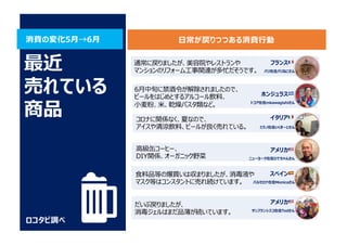 消費の変化5⽉→6⽉
ロコタビ調べ
最近
売れている
商品
通常に戻りましたが、美容院やレストランや
マンションのリフォーム⼯事関連が多忙だそうです。
フランス 🇫🇷
パリ在住パリねこさん
アメリカ 🇺🇸
ニューヨーク在住ひでちゃんさん
ホンジュラス 🇭🇳
トコア在住mkawagishiさん
イタリア 🇮🇹
ミラノ在住いくきーとさん
6⽉中旬に禁酒令が解除されましたので、
ビールをはじめとするアルコール飲料、
⼩⻨粉、⽶、乾燥パスタ類など。
コロナに関係なく、夏なので、
アイスや清涼飲料、ビールが良く売れている。
⾼級⽸コーヒー、
DIY関係、オーガニック野菜
スペイン 🇪🇸
バルセロナ在住Monicaさん
アメリカ 🇺🇸
サンフランシスコ在住Tedさん
⾷料品等の爆買いは収まりましたが、消毒液や
マスク等はコンスタントに売れ続けています。
だいぶ戻りましたが、
消毒ジェルはまだ品薄が続いています。
⽇常が戻りつつある消費⾏動
 