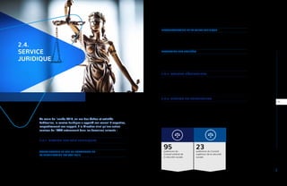 RAPPORTANNUEL|2019PARTIE2-ACTIVITÉSDEL’AAA
| 45
Au cours de l’année 2019, en sus des tâches et activités
habituelles, le service Juridique a apporté son conseil d’expertise,
respectivement son support, à la Direction ainsi qu’aux autres
services de l’AAA notamment dans les domaines suivants :
2.4.1.	GESTION DES AVIS JURIDIQUES
CONTRIBUTIONS EN VUE DE L’OBTENTION DE
LA CERTIFICATION ISO 9001:2015
Le service Juridique a procédé à une revue et à une optimisation de ses pro-
cédures et des notes internes afin d’assurer la transparence de ses activités
et de se mettre en conformité avec les exigences relevant de la certification
ISO 9001:2015.
2.4.
SERVICE
JURIDIQUE
RESTRUCTURATION DE LA VEILLE JURIDIQUE
Dans un souci de permettre aux juristes de suivre les évolutions légales et régle-
mentaires susceptibles d’avoir un impact sur l’activité de l’assurance accident,
le processus de la veille juridique a été réorganisé.
PROTECTION DES DONNÉES
La conformité des procédures de l’AAA avec les règles en matière de protection
des données a été contrôlée et réévaluée par les juristes de l’AAA. Le registre
des traitements de l’AAA a été soumis à une revue en profondeur.
2.4.2. ACTIONS RÉCURSOIRES
En 2019, le sous-service « Actions récursoires », a récupéré plus de 9 millions
d’euros en faveur de l’AAA, en sollicitant notamment ses débours auprès des
compagnies d’assurance dans les dossiers accident avec tiers responsables.
2.4.3. GESTION DU CONTENTIEUX
Assisté de plusieurs agents de l’AAA, le service Juridique assure la représen-
tation de l’AAA auprès des juridictions de la sécurité sociale. Ainsi, au cours de
l’année 2019, l’AAA a été représentée à 95 audiences du Conseil arbitral de la
sécurité sociale et à 23 audiences du Conseil supérieur de la sécurité sociale.
95audiences du
Conseil arbitral de
la sécurité sociale
23audiences du Conseil
supérieur de la sécurité
sociale
 