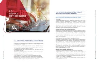 RAPPORTANNUEL|2019PARTIE2-ACTIVITÉSDEL’AAA
RAPPORTANNUEL|2019PARTIE2-ACTIVITÉSDEL’AAA
50 | | 51
2.5.2. OPTIMISATION DES OUTILS POUR FACILITER
LES TÂCHES QUOTIDIENNES DES AGENTS
ACTIVITÉS EN 2019 CONCERNANT LES PROJETS EN COURS :
Bureautique :
Installation du logiciel OMS (Output mangement system) pour le chef du pro-
jet (agent du service « Méthodologie ») et initiation par un agent du Centre
informatique de la sécurité sociale (CISS) ; analyse profonde des templates
du sous-service « Récursoire »; installation d’une version test pour le module
« Bureautique » ; définition du workflow des templates pour le service « Pres-
tations » et le sous-service « Récursoire »; définition des droits d’accès aux
applications afin de respecter la protection des données.
Nouveau GRI (Gestion des rentes et indemnités) :
Planification et recueil des objectifs du projet GRI avec la réalisation du plan de
projet et le cahier des objectifs ; finalisation du cahier des charges fonctionnel
pour la mise en place du volet « Gestion des recrédités » ; analyse du volet
« Saisies/cessions et compensations » ensemble avec le service « Juridique »
et analyse du volet « Gestion des indus » ensemble avec les services « Comp-
tabilité » et « Prestations ».
EESSI (Electronic Exchange of Social Security Information) :
Présentation et démonstration du service en ligne (Reference Implementation
for a National Applications - RINA full stack), mis à disposition par la Commis-
sion Européenne pour la gestion et l’échange électronique des dossiers de
sécurité sociale entre les institutions compétentes des pays européens aux
agents du service « Prestations » et phase d’essai pour l’échange des données
entre le service « Méthodologie » et les institutions étrangères. La mise en
place d’un mécanisme pour la gestion des notifications a été analysée par le
service « Méthodologie » et le CISS.
Migration logiciel BS2000 – Application DI :
	f	 Migration des anciens fichiers vers de nouvelles bases de données
	f	 Création d’un nouveau module « Accident » dans l’application CCDoss et
définition des droits d’accès aux applications pour la protection des données
	f	 Mise en production de nouveaux outils pour l’encodage des déclarations
accidents et la gestion des recettes et des dépenses du sous-service « Ré-
cursoire » et du service « Comptabilité »
	f	 Mise en test d’un nouvel écran pour l’affichage des anciennes rentes cou-
rantes (Mandats mensuels)
2.5.1. OPTIMISATION DES PROCESSUS ADMINISTRATIFS
	f	 Intégration d’un automatisme pour la détection de doubles affiliations (rente
complète et rente d’attente)
	f	 Restructuration de l’affichage des données de l’outil « ADEM-Chômage »
et mise en place d’un avertissement automatisé pour le gestionnaire en cas
de changement de données auprès de l’ADEM
	f	 Implémentation du logo de la certification « ISO 9001:2015 » sur tous
les templates de l’AAA
	f	 Développement de templates pour la création du procès-verbal des oppo-
sitions pour le service Prestations
	f	 Installation d’un outil pour la gestion des notes
	f	 Mise à disposition d’un deuxième écran d’ordinateur pour les agents
	f	 Amélioration de la procédure pour l’envoi annuel des certificats d’impôt
	f	 Élaboration des statistiques européennes concernant les maladies profes-
sionnelles (EODS -European Occupational Diseases Statistics)
2.5.
SERVICE
MÉTHODOLOGIE
 