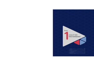 Partie
1L’AAA ET SON
FONCTIONNEMENT
1.1. Vision  08
1.2. Missions  10
1.3. Conseil d’administration  11
1.4. Organigramme  14
1.5. Organisation interne  15
 