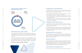 RAPPORTANNUEL|2019PARTIE4-RÉSULTATSFINANCIERS
RAPPORTANNUEL|2019PARTIE4-RÉSULTATSFINANCIERS
98 | | 99
DÉTERMINATION DU FACTEUR BONUS-MALUS
Pour déterminer le facteur bonus-malus d’un cotisant, l’assurance accident
calcule le coefficient de charge du cotisant et le coefficient de charge de sa
classe de risques qui sont comparés entre eux :
	f	 Si le coefficient du cotisant dépasse celui de sa classe de risques, son facteur
bonus-malus est supérieur à 1 et un malus est appliqué
	f	 Si le coefficient du cotisant est inférieur ou égal à celui de sa classe de
risques et diﬀérent de zéro, son facteur bonus-malus est égal à 1 et ni bonus
ni malus n’est appliqué
	f	 Si le coefficient du cotisant est égal à zéro (aucunes prestations imputées
aux accidents du travail du cotisant), son facteur bonus-malus est inférieur
à 1 et un bonus est appliqué
DÉTERMINATION DU COEFFICIENT DE CHARGE
Le coefficient de charge d’un cotisant correspond à la relation entre les pres-
tations imputées aux accidents du cotisant et l’assiette globale sur laquelle
le cotisant a payé des cotisations.
Le coefficient de charge d’une classe de risques correspond à la relation entre
les prestations imputées aux accidents de tous les cotisants faisant partie de
cette classe de risques et les assiettes globales sur lesquelles ces cotisants
ont payé leurs cotisations.
DÉTERMINATION DU TAUX DE COTISATION
Le taux de cotisation de base, fixé conformément à l’article 149 du Code de
la sécurité sociale, est multiplié pour chaque cotisant par son facteur bonus-
malus. Le taux de cotisation équivaut donc au produit du taux de cotisation de
base et du facteur bonus-malus.
PÉRIODE D’OBSERVATION
Le calcul des coefficients de charge se base sur des prestations imputées aux
accidents du travail (il n’est tenu compte ni des accidents de trajet ni des maladies
professionnelles) survenus à partir du 1er
janvier 2011 et payées pendant une
période d’observation allant du 1er
avril de l’avant dernière année au 31 mars de
l’année précédant l’exercice d’application du système bonus-malus.
MISE EN VIGUEUR DU SYSTÈME BONUS-MALUS
Le système bonus-malus s’applique pour la première fois pour l’exercice 2019.
POURCENTAGE DES COTISANTS AYANT UN
BONUS OU UN MALUS EN 2019
2,4%
Malus
4,5%
Neutre
93.1%
Bonus
70.537
Cotisants
RÉPARTITION DANS LES CLASSES DE RISQUES
Chaque cotisant se voit attribuer une seule classe de risques sur base de son
activité principale. Il n’est attribué qu’une classe de risques par cotisant pour
l’ensemble de ses activités, l’activité principale étant déterminante pour le
classement.
Tout nouveau cotisant est tenu de fournir lors de son affiliation au Centre
commun de la sécurité sociale les indications nécessaires pour son classement
dans une classe de risques. De même, il doit signaler sans retard tout
changement de l’activité exercée susceptible d’impliquer un reclassement.
(Les classes de risques sont définies à la page 74).
 