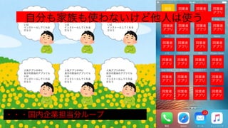 人気アプリの中に
自分の担当のアプリぐら
いは
インストールしてくれる
だろう
自社
アプリ
人気アプリの中に
自分の担当のアプリぐら
いは
インストールしてくれる
だろう
人気アプリの中に
自分の担当のアプリぐら
いは
インストールしてくれる
だろう
人気アプリの中に
自分の担当のアプリぐら
いは
インストールしてくれる
だろう
人気アプリの中に
自分の担当のアプリぐら
いは
インストールしてくれる
だろう
人気アプリの中に
自分の担当のアプリぐら
いは
インストールしてくれる
だろう
・・・国内企業担当分ループ
同業者
アプリ
同業者
アプリ
同業者
アプリ
同業者
アプリ
同業者
アプリ
同業者
アプリ
同業者
アプリ
同業者
アプリ
同業者
アプリ
同業者
アプリ
同業者
アプリ
同業者
アプリ
同業者
アプリ
同業者
アプリ
同業者
アプリ
同業者
アプリ
同業者
アプリ
同業者
アプリ
同業者
アプリ
同業者
アプリ
同業者
アプリ
同業者
アプリ
同業者
アプリ
自分も家族も使わないけど他人は使う
 