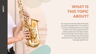 ABOUT
WHAT IS
THIS TOPIC
ABOUT?
You can give a brief description of the topic
you want to talk about here. For example, if
you want to talk about Mercury, you could
say that it’s the closest planet to the Sun
and the smallest one in the Solar System.
It’s only a bit larger than the Moon, and its
name has nothing to do with the liquid
metal, since it was named after the Roman
messenger god, Mercury
 