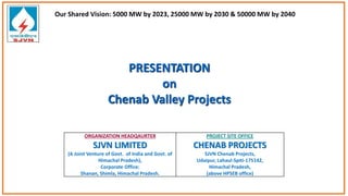 PRESENTATION
on
Chenab Valley Projects
ORGANIZATION HEADQAURTER
SJVN LIMITED
(A Joint Venture of Govt. of India and Govt. of
Himachal Pradesh),
Corporate Office:
Shanan, Shimla, Himachal Pradesh.
PROJECT SITE OFFICE
CHENAB PROJECTS
SJVN Chenab Projects,
Udaipur, Lahaul-Spiti-175142,
Himachal Pradesh,
(above HPSEB office)
Our Shared Vision: 5000 MW by 2023, 25000 MW by 2030 & 50000 MW by 2040
 