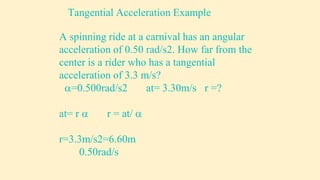 Tangential Acceleration Example
A spinning ride at a carnival has an angular
acceleration of 0.50 rad/s2. How far from the
center is a rider who has a tangential
acceleration of 3.3 m/s?
=0.500rad/s2 at= 3.30m/s r =?
at= r  r = at/ 
r=3.3m/s2=6.60m
0.50rad/s
 