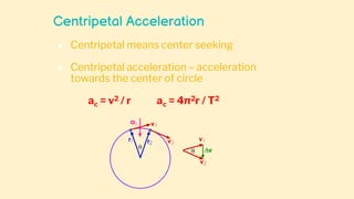 Centripetal Acceleration
● Centripetal means center seeking
● Centripetal acceleration – acceleration
towards the center of circle
ac = v2 / r ac = 4π2r / T2
 