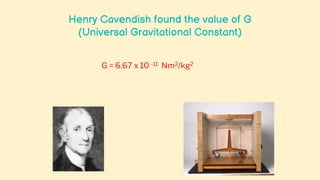 Henry Cavendish found the value of G
(Universal Gravitational Constant)
G = 6.67 x 10 -11 Nm2/kg2
 