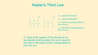 Kepler’s Third Law
Tb
Ta
=
2
ra
rb
3
Ta = period of Planet A
Tb = period of Planet B
ra = Planet A’s average distance
from the sun
rb = Planet B’s average distance
from the sun
3. Ratio of the squares of the periods of any
two planets revolving about the sun is equal to
the ratio of the cubes of their average distance
from the sun.
 