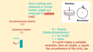 r
s
When working with
rotational or circular
motion, angles are
measured in radians
(rad).
where:
θrad =
θ = Angular
PositionDisplacement
s = arc length
r = radius
If a point makes a complete
revolution, then arc length, s, equals
the circumference of the circle, 2πr
Counterclockwise rotation
(+)
Clockwise rotation
(-)
 
