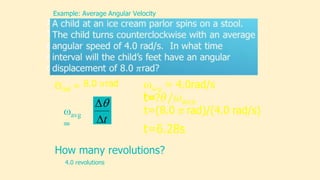 Example: Average Angular Velocity
Θrad = avg = 4.0rad/s
t=?



t
avg
=
t=6.28s
How many revolutions?
4.0 revolutions
 