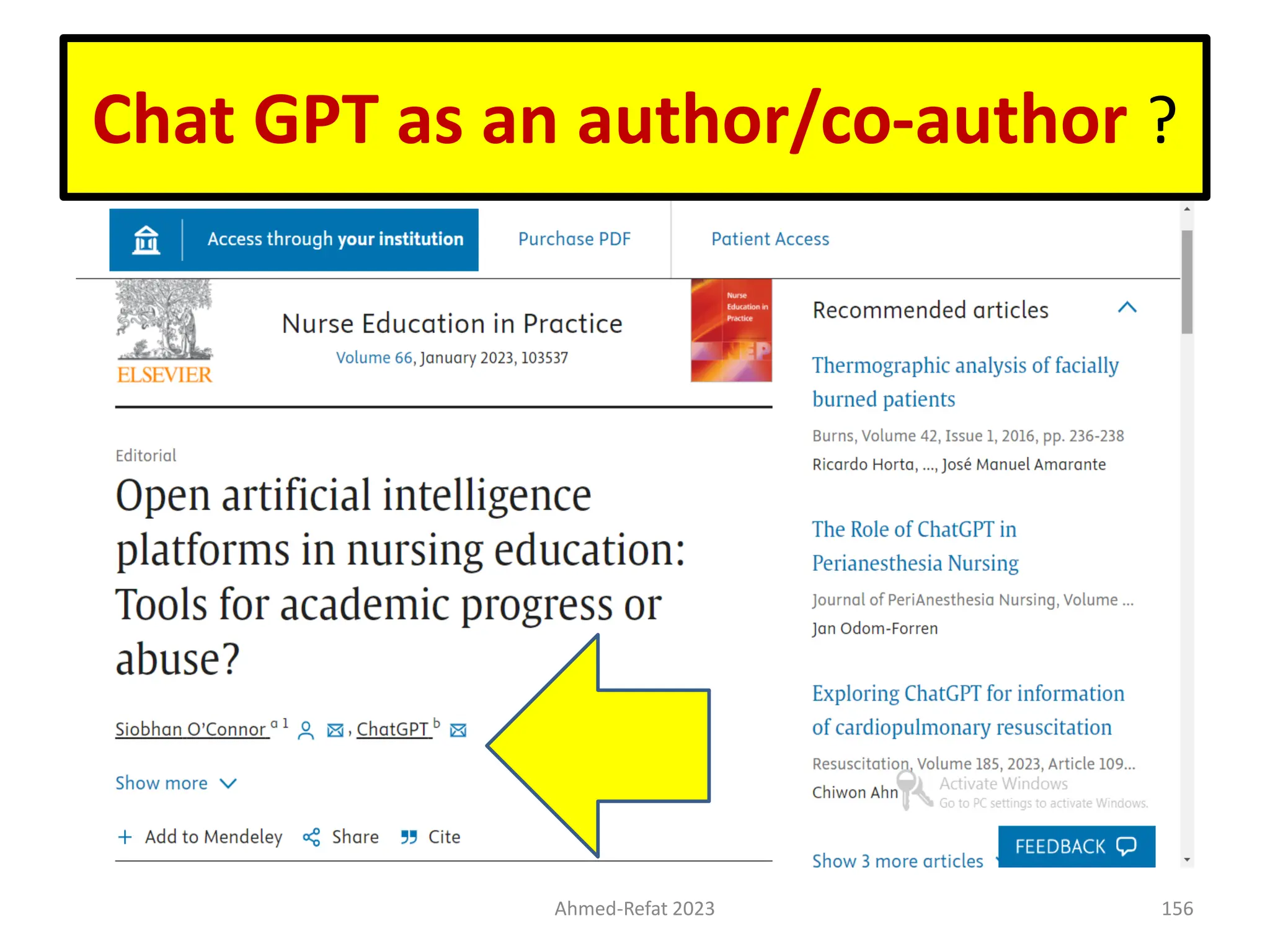Ahmed-Refat 2023 156
Chat GPT as an author/co-author ?
 