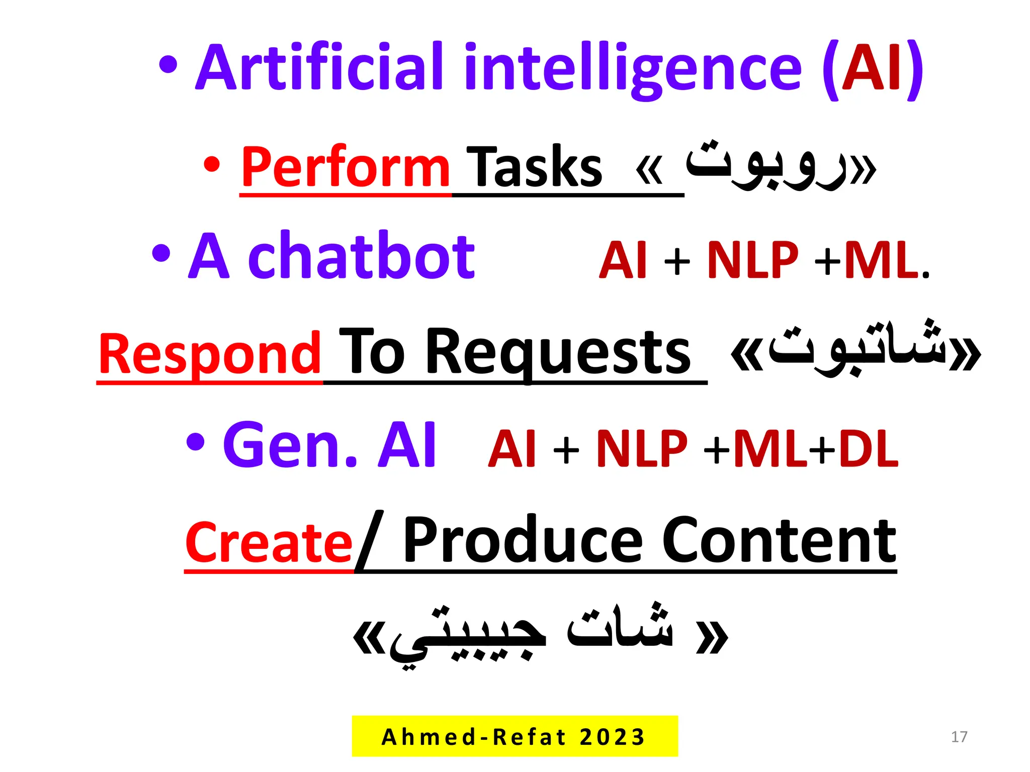 • Artificial intelligence (AI)
• Perform Tasks » ‫روبوت‬«
• A chatbot AI + NLP +ML.
Respond To Requests «
‫شاتبوت‬
»
• Gen. AI AI + NLP +ML+DL
Create/ Produce Content
«
‫شات‬
‫جيبيتي‬
»
A h m e d - Re fa t 2 0 2 3 17
 