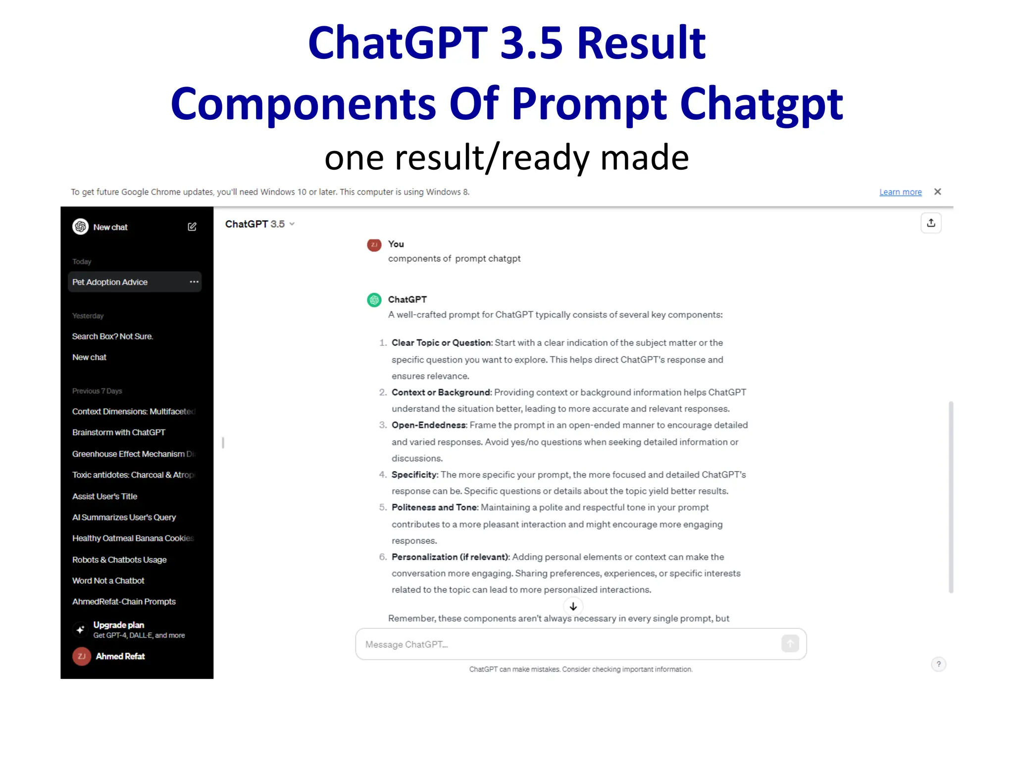 ChatGPT 3.5 Result
Components Of Prompt Chatgpt
one result/ready made
 