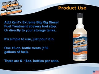 Product Use


Add XenTx Extreme Big Rig Diesel
Fuel Treatment at every fuel stop.
Or directly to your storage tanks.

It’s simple to use, just pour it in.

One 16-oz. bottle treats (130
gallons of fuel).

There are 6- 16oz. bottles per case.
 