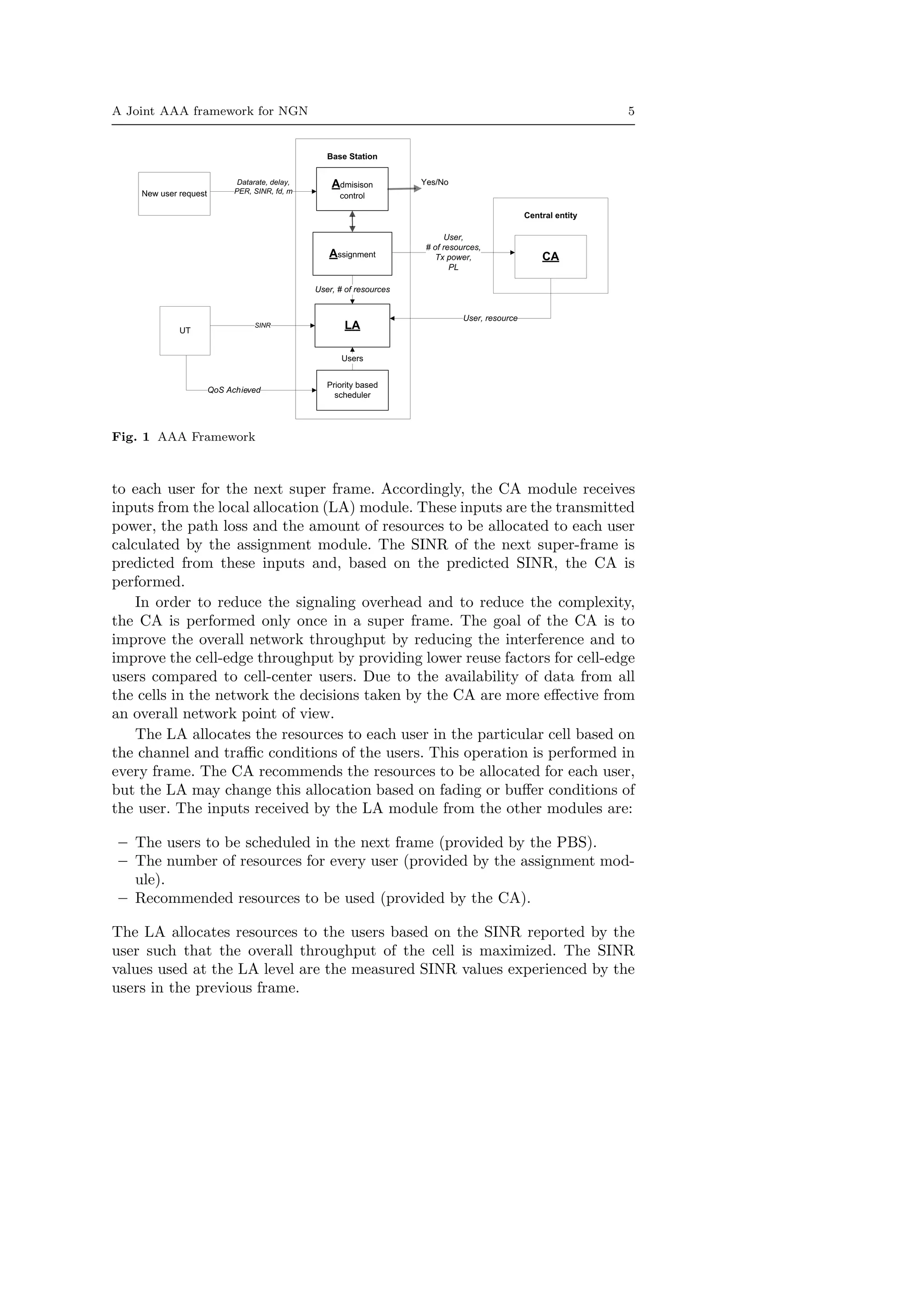 A Joint AAA framework for NGN 5
Fig. 1 AAA Framework
to each user for the next super frame. Accordingly, the CA module receives
inputs from the local allocation (LA) module. These inputs are the transmitted
power, the path loss and the amount of resources to be allocated to each user
calculated by the assignment module. The SINR of the next super-frame is
predicted from these inputs and, based on the predicted SINR, the CA is
performed.
In order to reduce the signaling overhead and to reduce the complexity,
the CA is performed only once in a super frame. The goal of the CA is to
improve the overall network throughput by reducing the interference and to
improve the cell-edge throughput by providing lower reuse factors for cell-edge
users compared to cell-center users. Due to the availability of data from all
the cells in the network the decisions taken by the CA are more eﬀective from
an overall network point of view.
The LA allocates the resources to each user in the particular cell based on
the channel and traﬃc conditions of the users. This operation is performed in
every frame. The CA recommends the resources to be allocated for each user,
but the LA may change this allocation based on fading or buﬀer conditions of
the user. The inputs received by the LA module from the other modules are:
– The users to be scheduled in the next frame (provided by the PBS).
– The number of resources for every user (provided by the assignment mod-
ule).
– Recommended resources to be used (provided by the CA).
The LA allocates resources to the users based on the SINR reported by the
user such that the overall throughput of the cell is maximized. The SINR
values used at the LA level are the measured SINR values experienced by the
users in the previous frame.
 