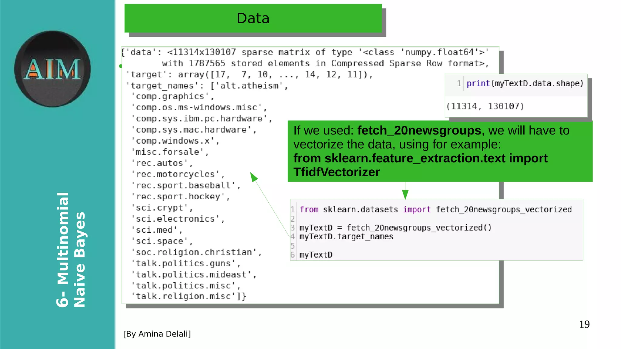 19
6-Multinomial
NaiveBayes
[By Amina Delali]
DataData
●
If we used: fetch_20newsgroups, we will have to
vectorize the data, using for example:
from sklearn.feature_extraction.text import
TfidfVectorizer
 