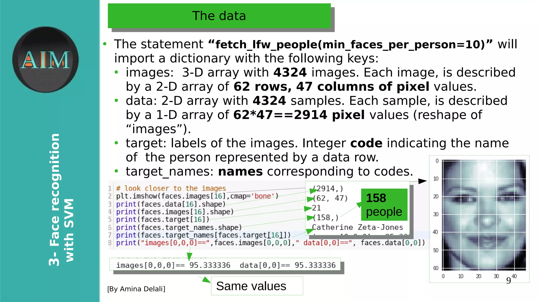 9
3-Facerecognition
withSVM
[By Amina Delali]
The dataThe data
●
The statement “fetch_lfw_people(min_faces_per_person=10)” will
import a dictionary with the following keys:
●
images: 3-D array with 4324 images. Each image, is described
by a 2-D array of 62 rows, 47 columns of pixel values.
●
data: 2-D array with 4324 samples. Each sample, is described
by a 1-D array of 62*47==2914 pixel values (reshape of
“images”).
●
target: labels of the images. Integer code indicating the name
of the person represented by a data row.
●
target_names: names corresponding to codes.
158
people
Same values
 