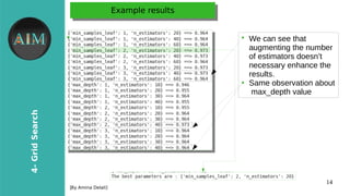 14
4-GridSearch
[By Amina Delali]
Example resultsExample results
●
• We can see that
augmenting the number
of estimators doesn’t
necessary enhance the
results.
●
Same observation about
max_depth value
 