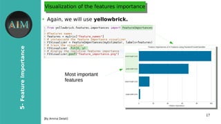 17
5-FeatureImportance
[By Amina Delali]
Visualization of the features importanceVisualization of the features importance
●
Again, we will use yellowbrick.
Most important
features
 
