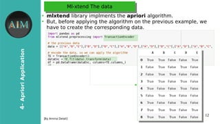 12
4-AprioriApplication
[Byr Amina Delali]
Ml-xtend The dataMl-xtend The data
●
mlxtend librraryr implments the apriori algorithm.
●
But, brefore applyring the algorithm on the previous example, we
have to create the corresponding data.
 
