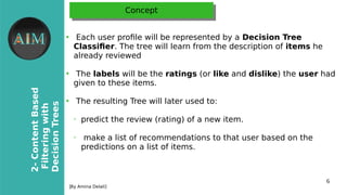 6
2-ContentBased
Filteringwith
DecisionTrees
[By Amina Delali]
ConceptConcept
●
Each user profle will be represented by a Decision Tree
Classifer. The tree will learn from the description of items he
already reviewed
●
The labels will be the ratings (or like and dislike) the user had
given to these items.
●
The resulting Tree will later used to:
➢
predict the review (rating) of a new item.
➢
make a list of recommendations to that user based on the
predictions on a list of items.
 