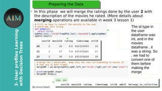 9
3-UserproflesLearning
withDecisionTrees
[By Amina Delali]
Preparing the DataPreparing the Data
●
In this phase we will merge the ratings done by the user 2 with
the description of the movies he rated. (More details about
merging operations are available in week 3 lesson 1)
The id type in
the user
dataframe was
int, and in the
movies
dataframe , it
was a string. So
, we had to
convert one of
them before
making the
merge
 